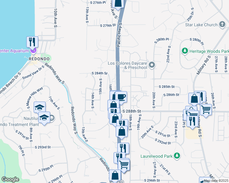 map of restaurants, bars, coffee shops, grocery stores, and more near 28430 16th Avenue South in Federal Way