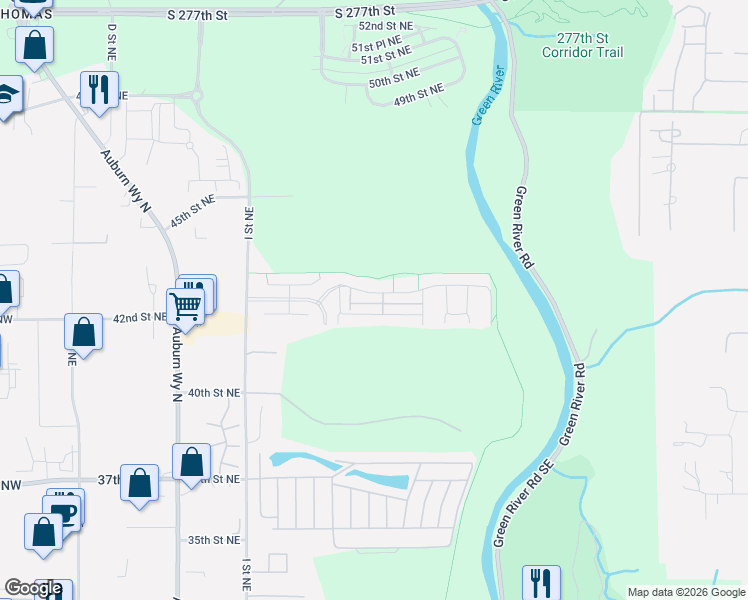 map of restaurants, bars, coffee shops, grocery stores, and more near 1357 43rd Street Northeast in Auburn