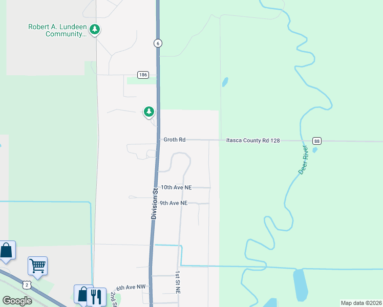 map of restaurants, bars, coffee shops, grocery stores, and more near 1039 Comstock Drive in Deer River