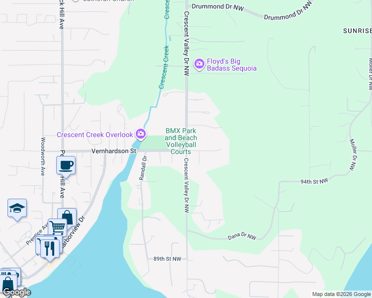 map of restaurants, bars, coffee shops, grocery stores, and more near Crescent Valley Drive Northwest in Gig Harbor