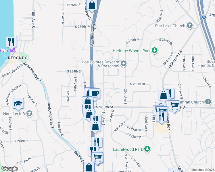 map of restaurants, bars, coffee shops, grocery stores, and more near 28300 18th Avenue South in Federal Way