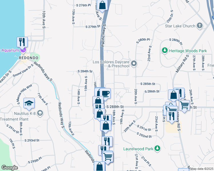 map of restaurants, bars, coffee shops, grocery stores, and more near 28421 18th Avenue South in Federal Way