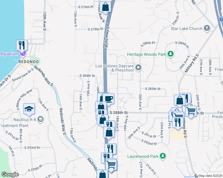 map of restaurants, bars, coffee shops, grocery stores, and more near 28421 18th Avenue South in Federal Way