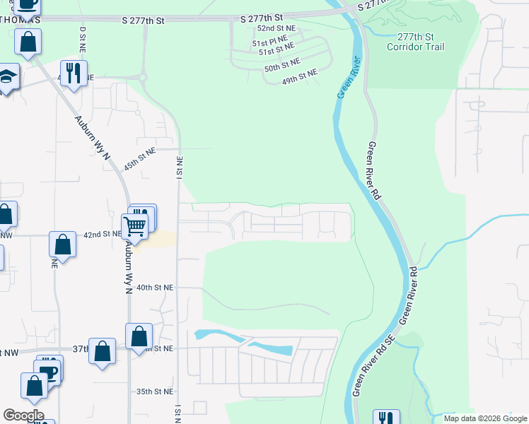 map of restaurants, bars, coffee shops, grocery stores, and more near 1357 43rd Street Northeast in Auburn