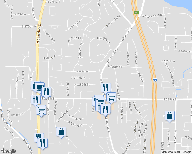 map of restaurants, bars, coffee shops, grocery stores, and more near 28502 24th Avenue South in Federal Way