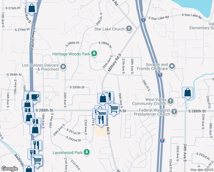 map of restaurants, bars, coffee shops, grocery stores, and more near 2516 South 286th Street in Federal Way