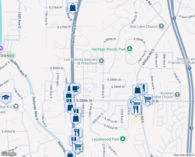 map of restaurants, bars, coffee shops, grocery stores, and more near 1842 South 285th Place in Federal Way