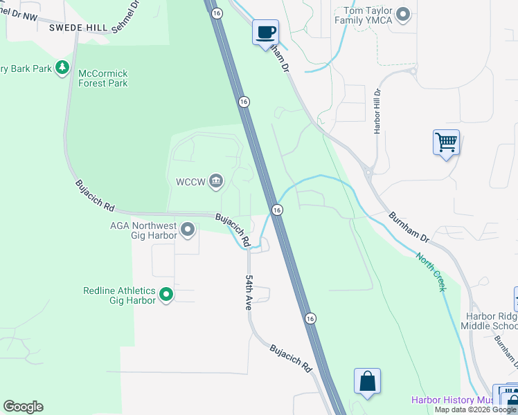 map of restaurants, bars, coffee shops, grocery stores, and more near 9607 54th Avenue in Gig Harbor