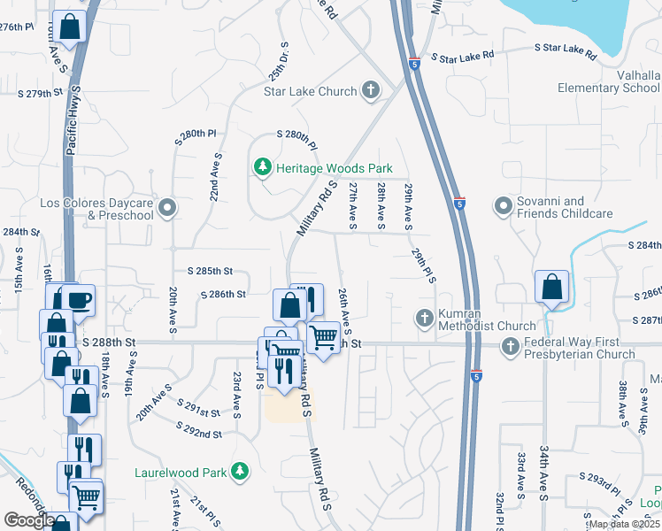 map of restaurants, bars, coffee shops, grocery stores, and more near 28437 26th Avenue South in Federal Way