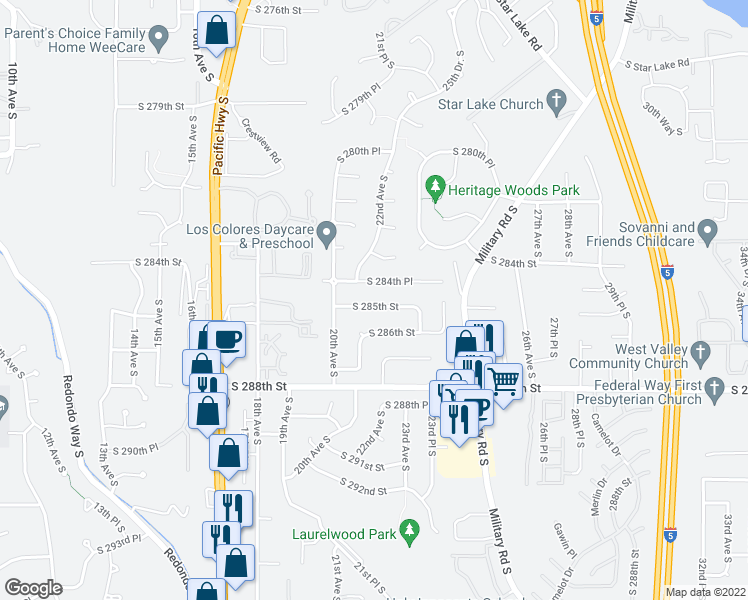 map of restaurants, bars, coffee shops, grocery stores, and more near 2108 South 285th Street in Federal Way