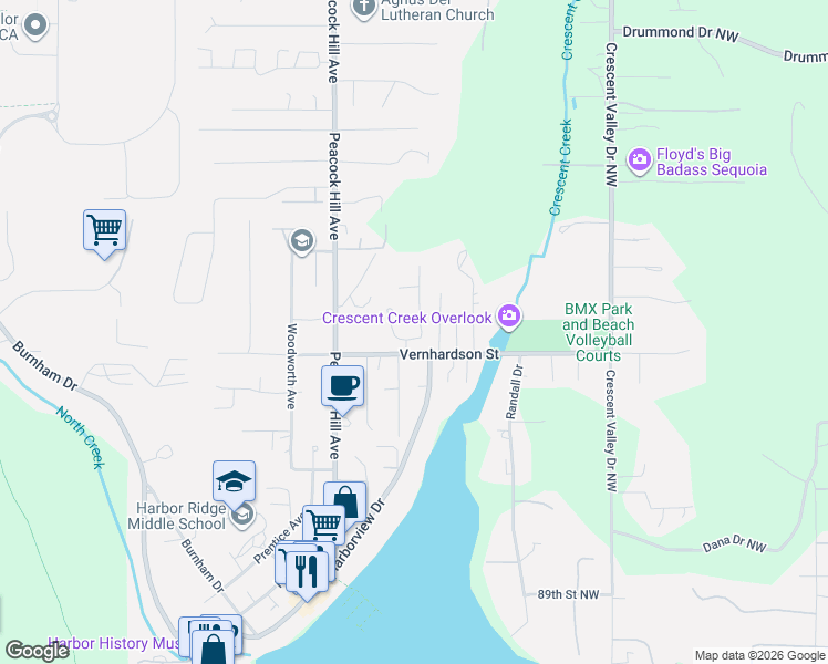 map of restaurants, bars, coffee shops, grocery stores, and more near 9604 Ridgeway Drive in Gig Harbor