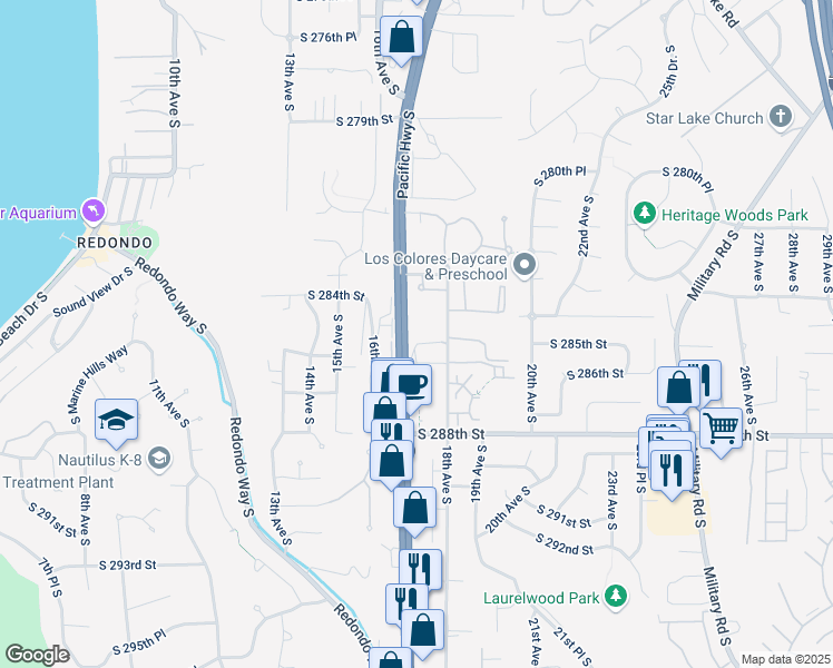 map of restaurants, bars, coffee shops, grocery stores, and more near 28425 18th Avenue South in Federal Way