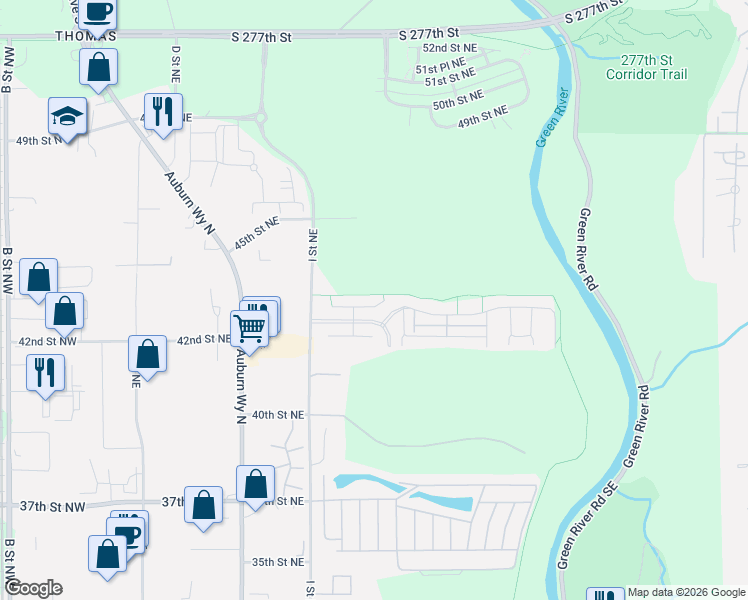 map of restaurants, bars, coffee shops, grocery stores, and more near 1043 43rd Court Northeast in Auburn