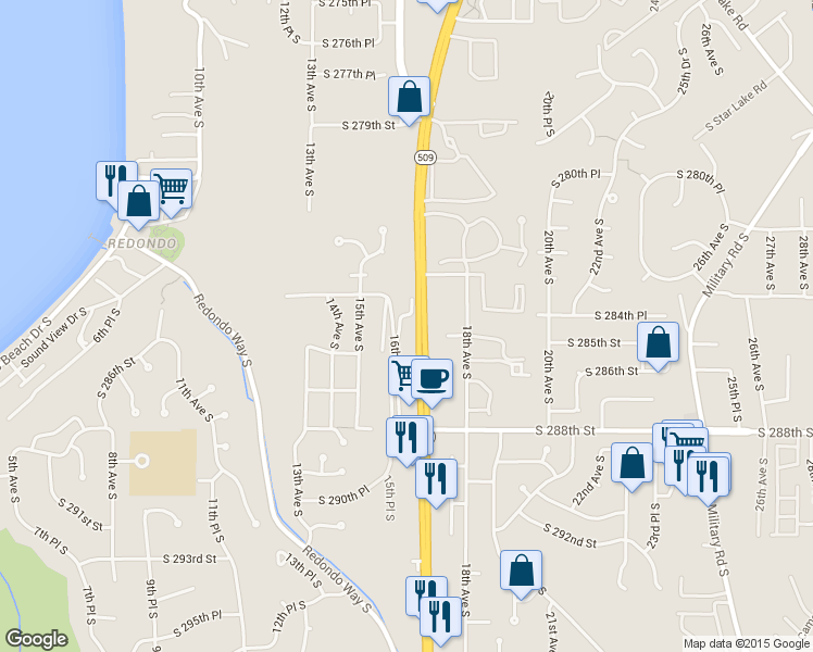 map of restaurants, bars, coffee shops, grocery stores, and more near 28430 16th Avenue South in Federal Way