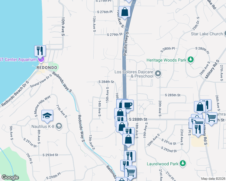 map of restaurants, bars, coffee shops, grocery stores, and more near 28425 15th Place South in Federal Way