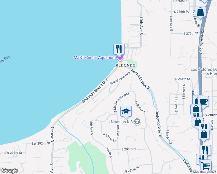 map of restaurants, bars, coffee shops, grocery stores, and more near 28440 Sound View Drive South in Des Moines