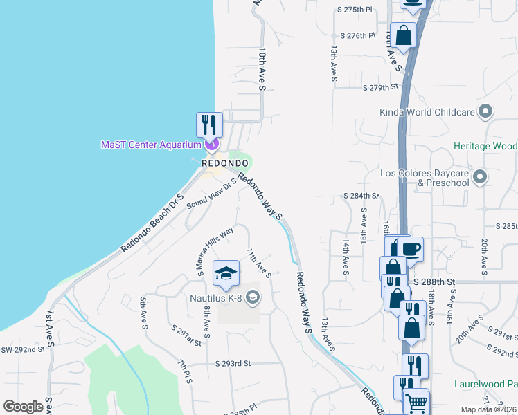 map of restaurants, bars, coffee shops, grocery stores, and more near 28313 Redondo Way South in Des Moines