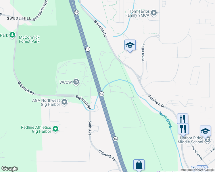 map of restaurants, bars, coffee shops, grocery stores, and more near 9607 54th Avenue in Gig Harbor