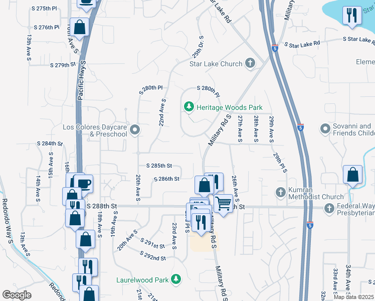 map of restaurants, bars, coffee shops, grocery stores, and more near 28502 24th Avenue South in Federal Way