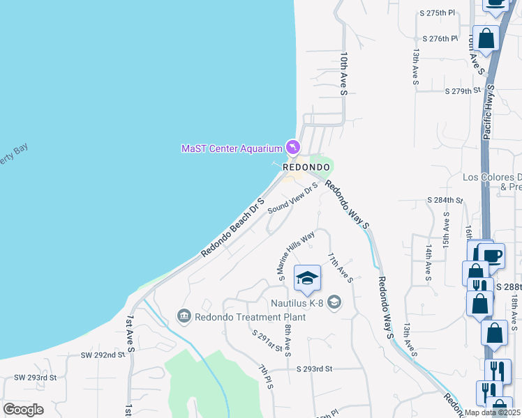 map of restaurants, bars, coffee shops, grocery stores, and more near 28428 Redondo Beach Drive South in Des Moines