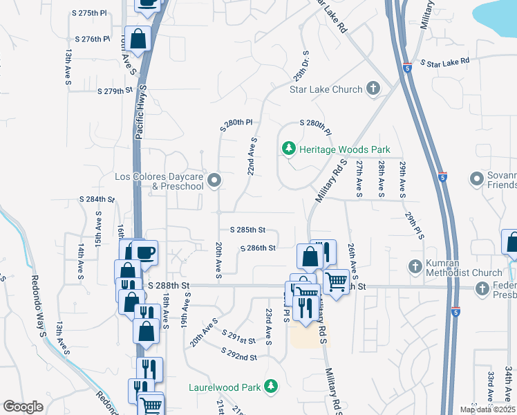 map of restaurants, bars, coffee shops, grocery stores, and more near 2108 South 285th Street in Federal Way