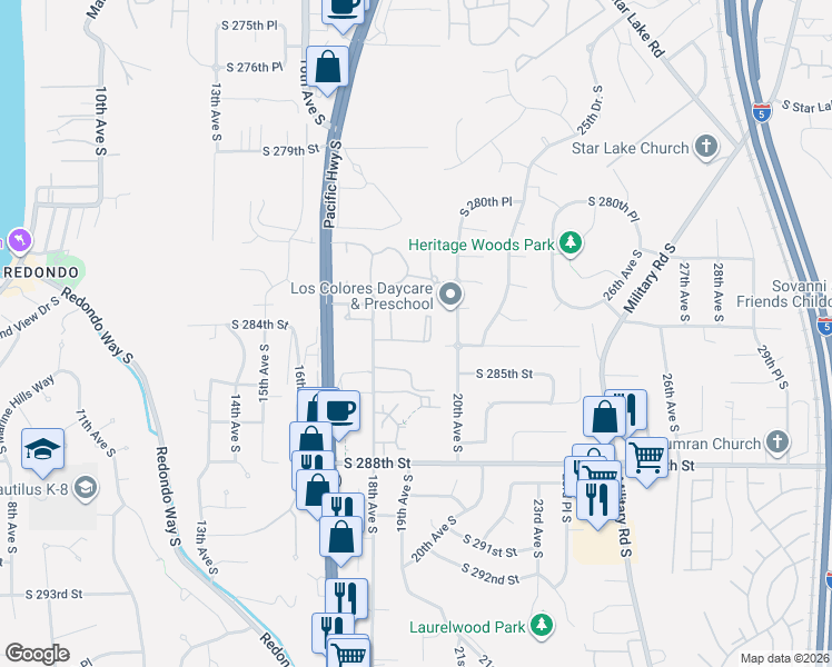 map of restaurants, bars, coffee shops, grocery stores, and more near 1852 South 284th Lane in Federal Way
