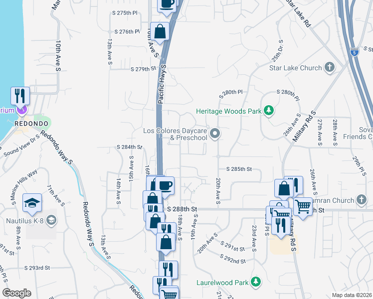 map of restaurants, bars, coffee shops, grocery stores, and more near 1812 South 284th Lane in Federal Way