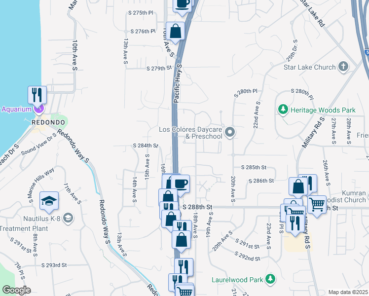 map of restaurants, bars, coffee shops, grocery stores, and more near 1713 South 282nd Place in Federal Way