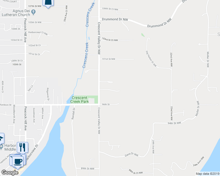 map of restaurants, bars, coffee shops, grocery stores, and more near 9717 Crescent Valley Drive Northwest in Gig Harbor