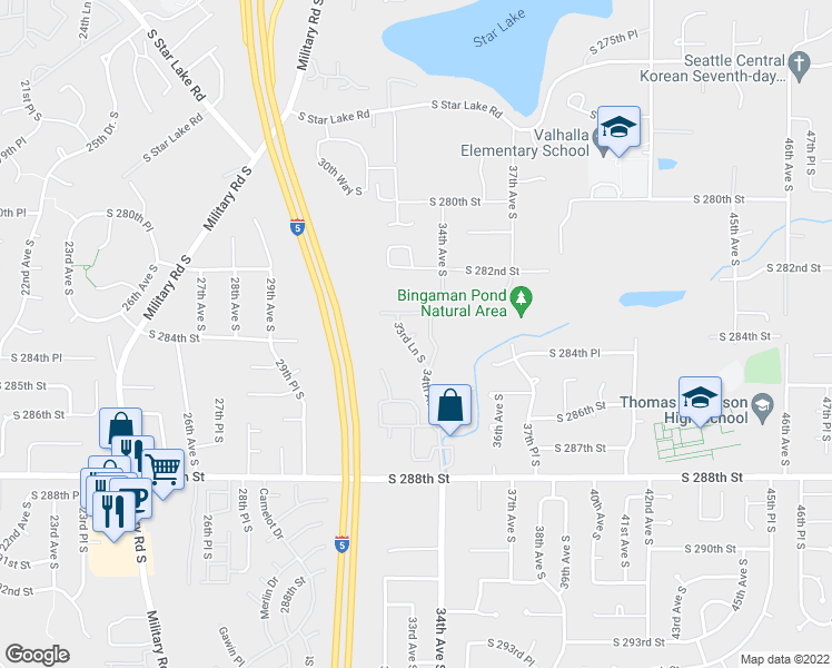 map of restaurants, bars, coffee shops, grocery stores, and more near 3387 South 283rd Lane in Auburn