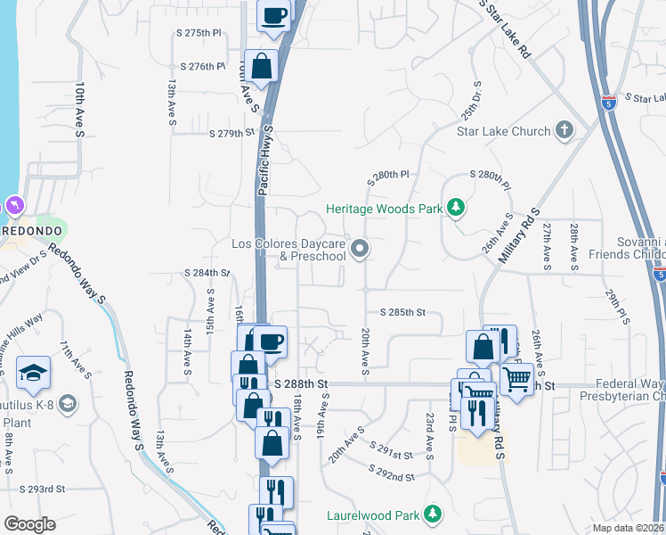 map of restaurants, bars, coffee shops, grocery stores, and more near 1844 South 284th Lane in Federal Way