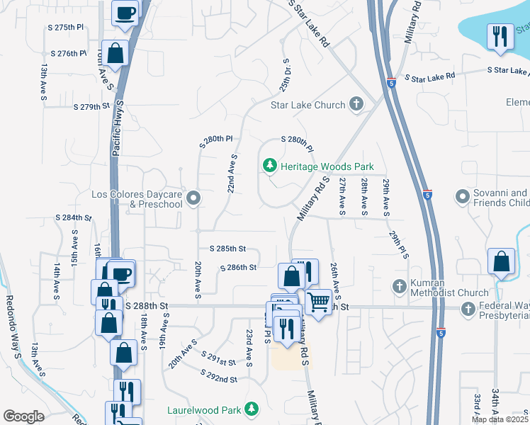 map of restaurants, bars, coffee shops, grocery stores, and more near 2372 South 284th Court in Federal Way