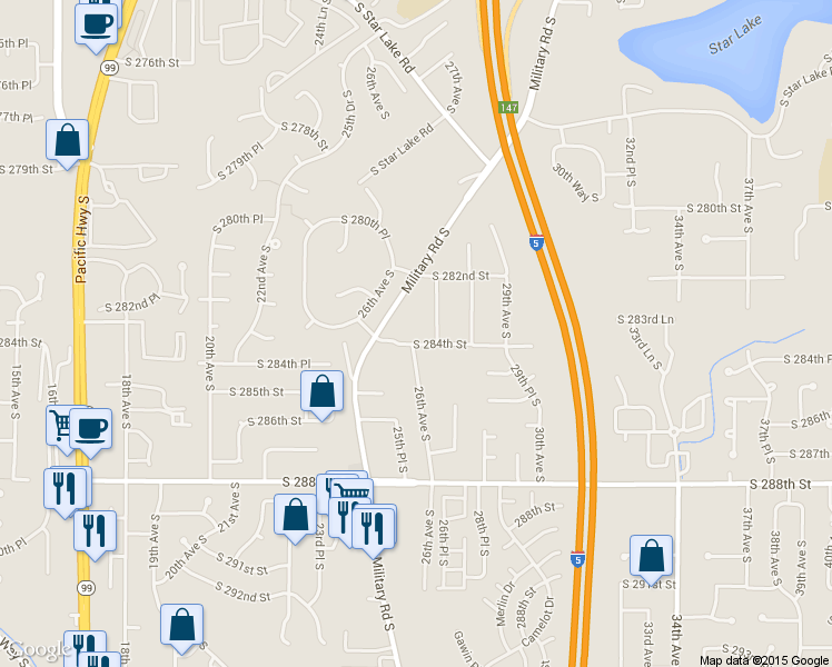 map of restaurants, bars, coffee shops, grocery stores, and more near 2604 South 284th Street in Federal Way