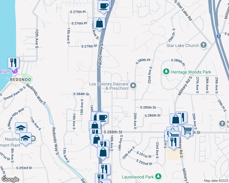 map of restaurants, bars, coffee shops, grocery stores, and more near 1812 South 284th Lane in Federal Way