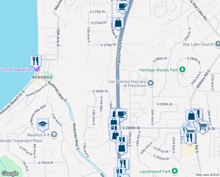 map of restaurants, bars, coffee shops, grocery stores, and more near 28323 Pacific Highway South in Federal Way