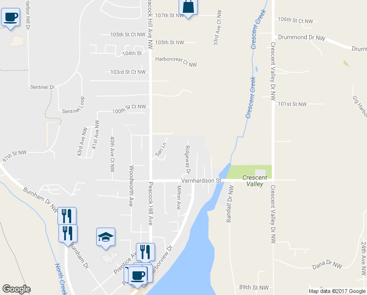 map of restaurants, bars, coffee shops, grocery stores, and more near 9804 Ridgeway Drive in Gig Harbor