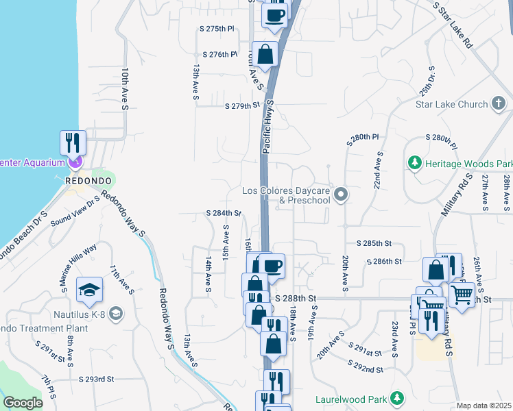 map of restaurants, bars, coffee shops, grocery stores, and more near 28323 Pacific Highway South in Federal Way