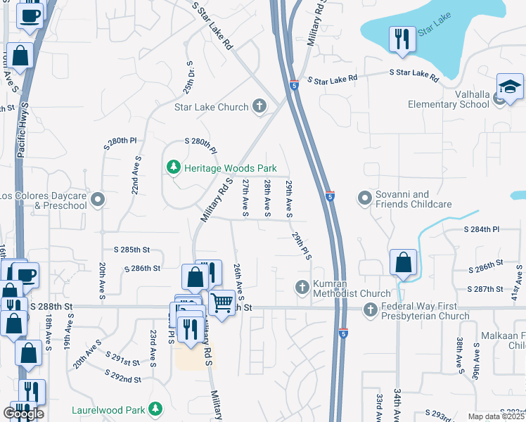 map of restaurants, bars, coffee shops, grocery stores, and more near 28240 27th Avenue South in Federal Way