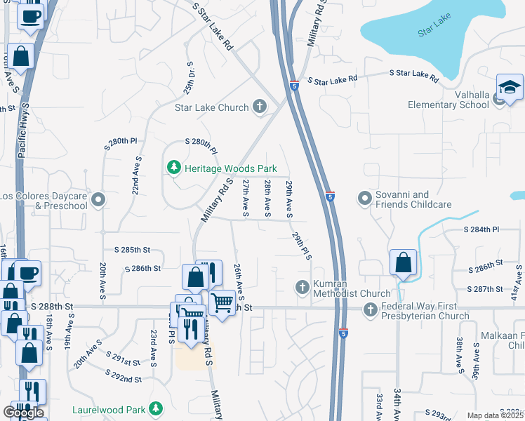 map of restaurants, bars, coffee shops, grocery stores, and more near 28240 27th Avenue South in Federal Way