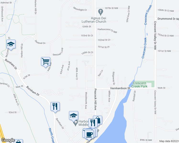 map of restaurants, bars, coffee shops, grocery stores, and more near 9806 Harborview Place in Gig Harbor