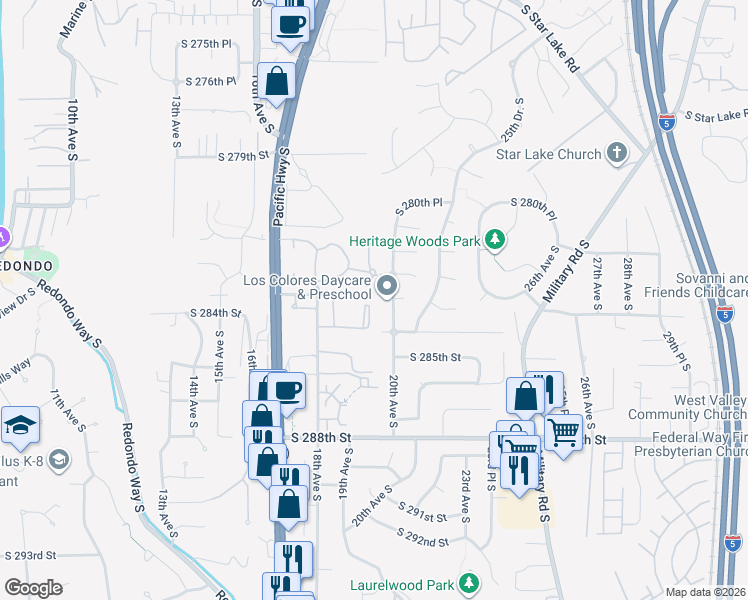 map of restaurants, bars, coffee shops, grocery stores, and more near 1852 South 284th Lane in Federal Way