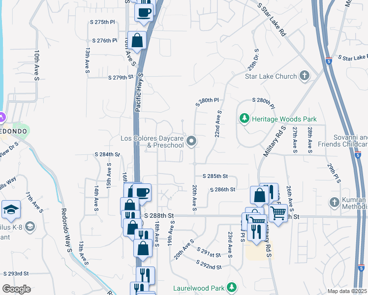 map of restaurants, bars, coffee shops, grocery stores, and more near 1852 South 284th Lane in Federal Way