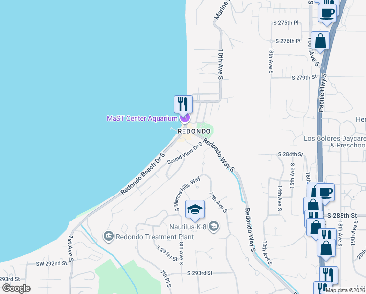 map of restaurants, bars, coffee shops, grocery stores, and more near 28303 Sound View Drive South in Des Moines