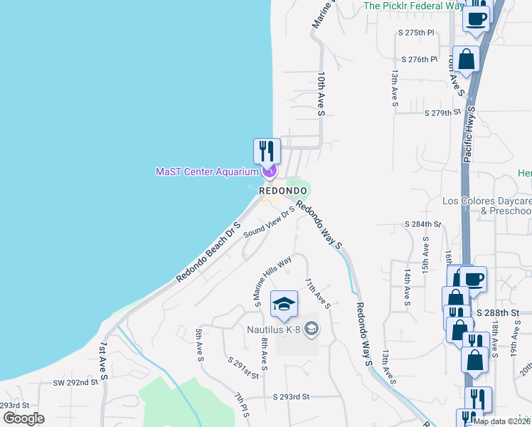 map of restaurants, bars, coffee shops, grocery stores, and more near 28303 Sound View Drive South in Des Moines