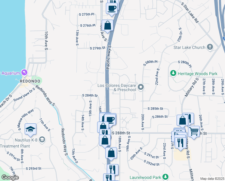 map of restaurants, bars, coffee shops, grocery stores, and more near 1713 South 282nd Place in Federal Way