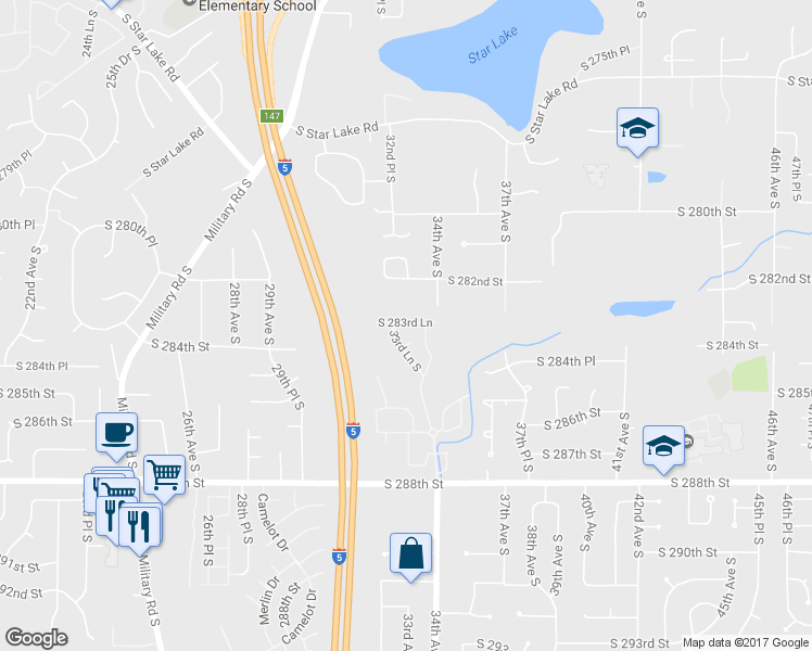 map of restaurants, bars, coffee shops, grocery stores, and more near 3387 South 283rd Lane in Auburn