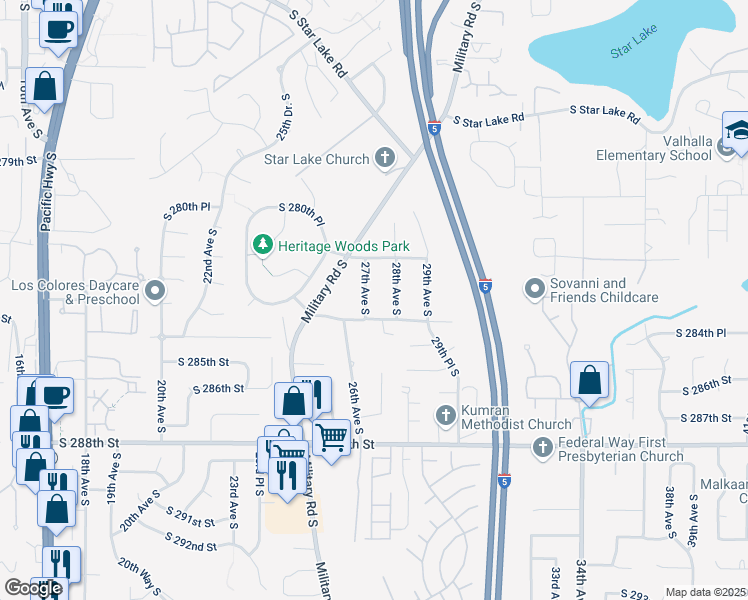 map of restaurants, bars, coffee shops, grocery stores, and more near 28240 27th Avenue South in Federal Way