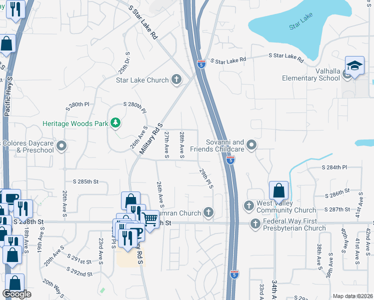 map of restaurants, bars, coffee shops, grocery stores, and more near 28241 29th Avenue South in Federal Way