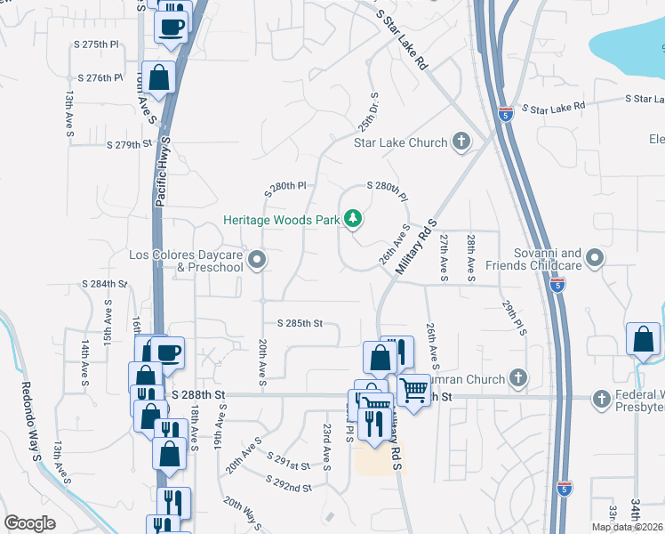 map of restaurants, bars, coffee shops, grocery stores, and more near 2322 South 284th Court in Federal Way