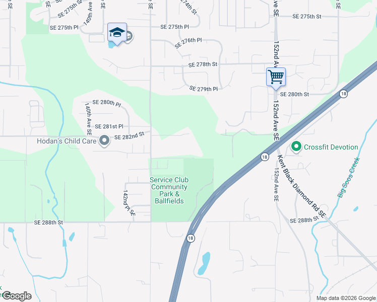 map of restaurants, bars, coffee shops, grocery stores, and more near 14616 Southeast 284th Street in Kent